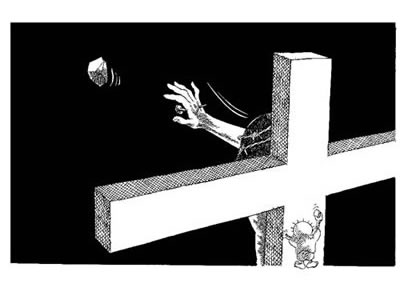 Jesús, crucificado, también da la espalda y tira una piedra