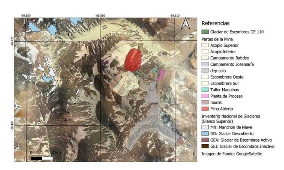 En el círculo rojo se marca la boca de mina del Proyecto Josemaría y en su borde inferior derecho se encuentra el Glaciar GE1110. Fuente: Asamblea Jachal No Se Toca