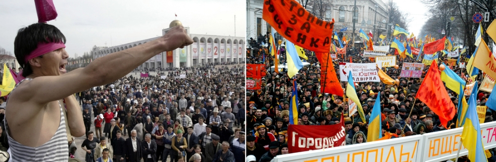 Protestas antigubernamentales en Biskek, Kirguistán, el 24 de marzo de 2005 (i). Manifestantes rodeando el Parlamento en Kiev, Ucrania, el 27 de noviembre de 2004. Misha Japaridze / Uriel Sinai / AP