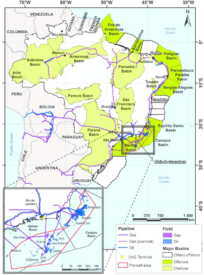 Imagen: Mapa que muestra on-shore y off-shore de las cuencas Brasileras de petróleo convencional y no convencional