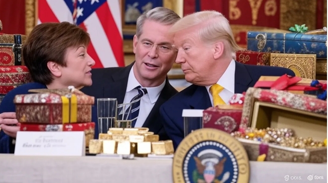 Kristalina Georgieva, Scott Bessent y Donald Trump en ficción de Grok. FOTO: xAI / Grok