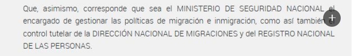 El párrafo del decreto que traspasó Migraciones y el Renaper a Seguridad.