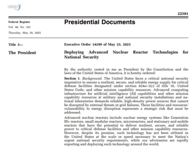 EO 1299: “Despliegue de tecnologías avanzadas de reactores nucleares para la seguridad nacional”.