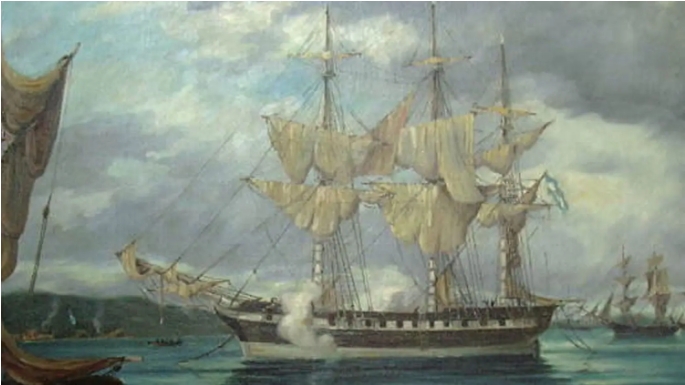 La fragata Heroína al tomar posesión de Malvinas en 1820. Oleo sobre tela de Emilio Biggeri. Museo Naval de la Nación.