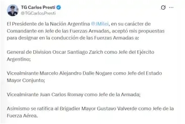 El posteo del ministro Presti remarcando su influencia a la hora de nombrar a las nuevas autoridades militares
