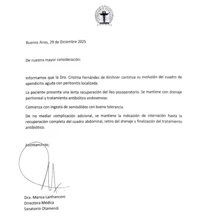 Parte médico Cristina Kirchner 29-12 (Imagen Web)