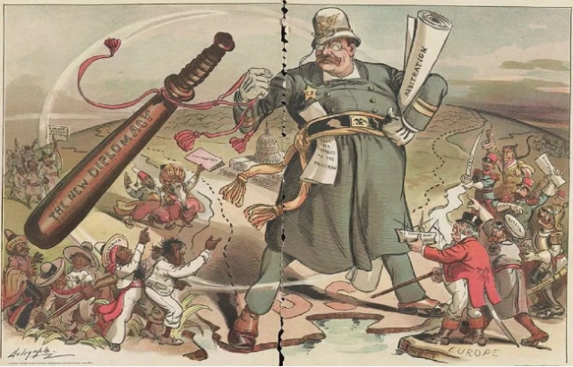  Caricatura de 1904 de la diplomacia estadounidense bajo la presidencia de Theodore Roosevelt. Fuente: Picryl