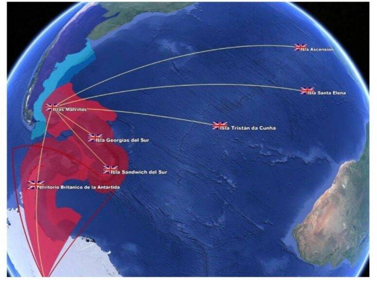 Control colonial del Reino Unido en el Atlántico sur. Pasaje interoceánico Atlántico-Índico. Fuente: Repliegue.com