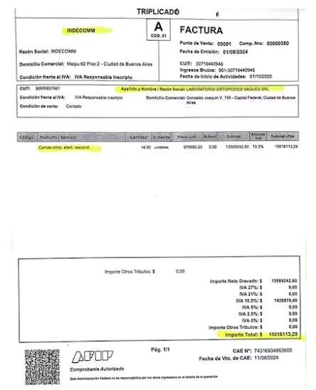 Documentos causa ANDIS Factura de Indecomm, una empresa truchas de Calvete, emitida a la ortopedia Sagués. (Archivo -)