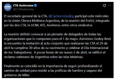 Las CTA conmemorarán tanto el Día del Trabajador como los 30 años de la central