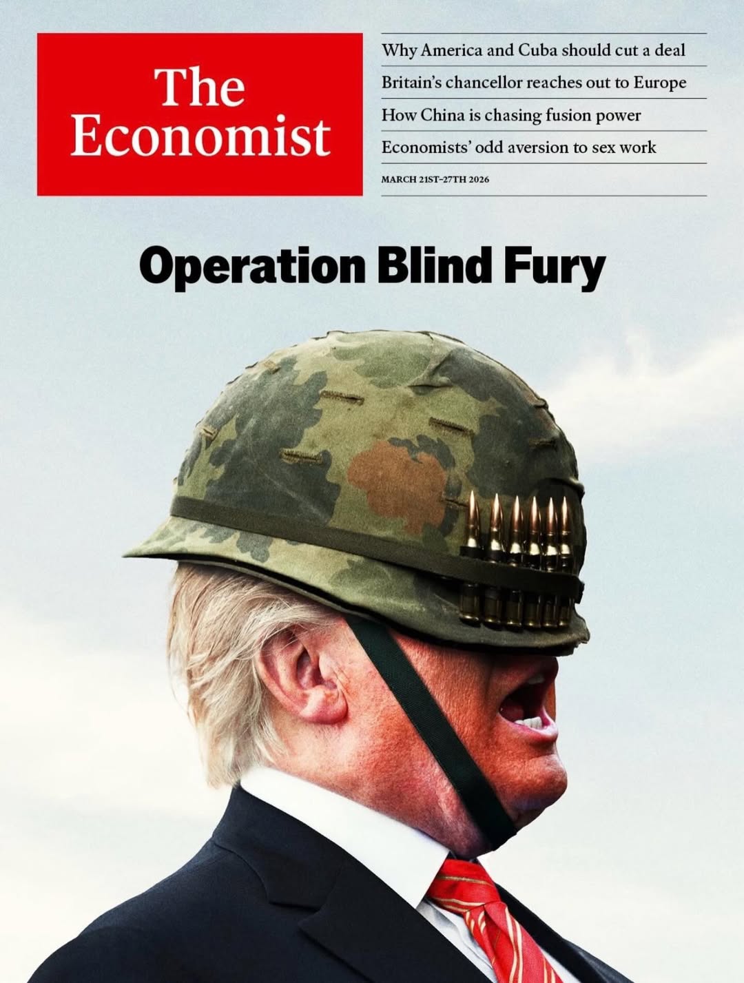 Tapa de The Economist del 21 de marzo de 2026 ridiculizando a Donald Trump: “Operación Furia Ciega”