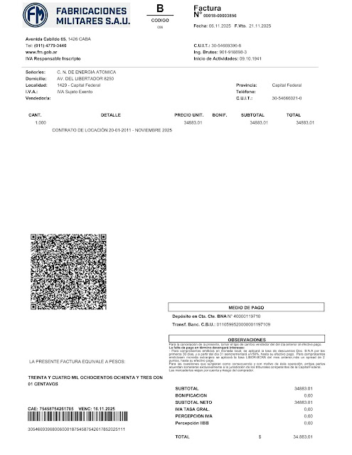 Factura N.º 00018-00003856 emitida por la Dirección General de Fabricaciones Militares (DGFM), donde consta que la CNEA pagó en noviembre de 2025 la suma de pesos treinta y cuatro mil ochocientos ochenta y tres con un centavo, correspondientes al contrato de locación por el predio del Complejo Fabril Córdoba. Crédito: DGFM.