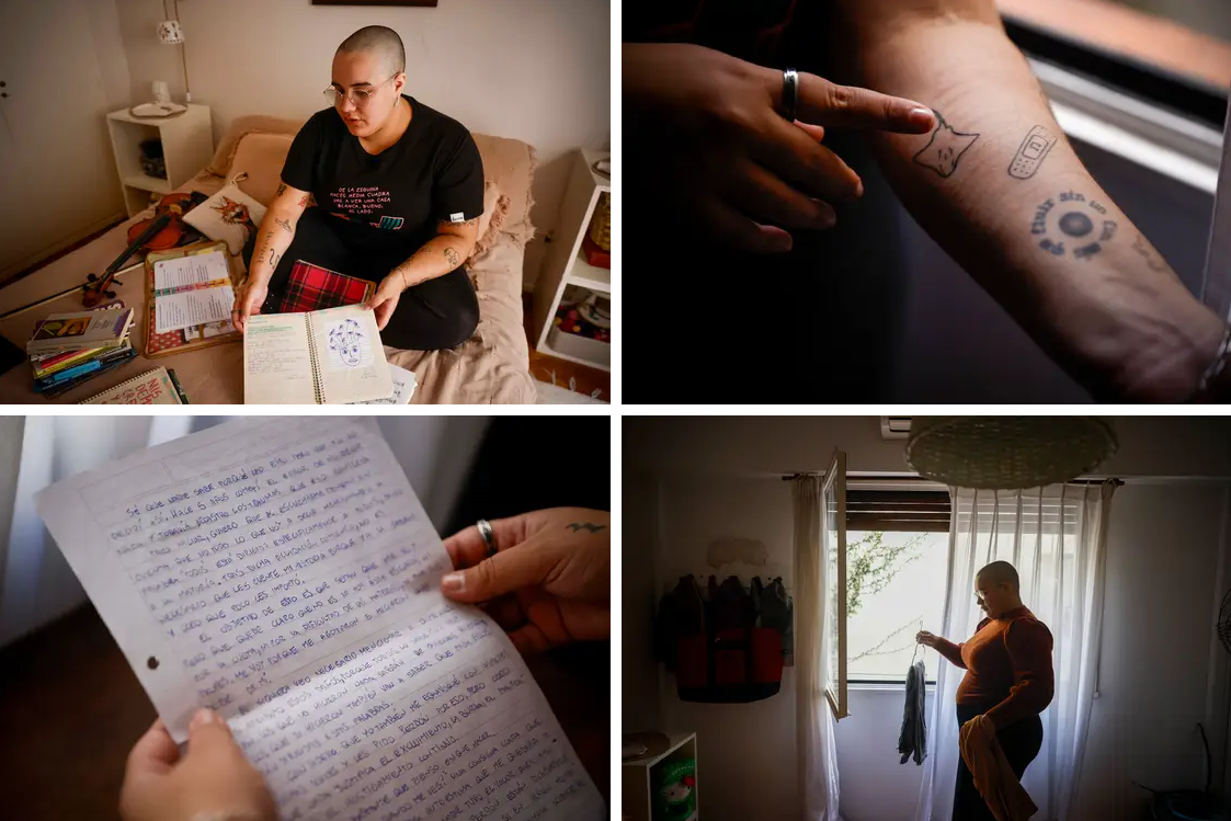 Mundo interior. Su departamento de Balvanera es un espacio lleno de libros, instrumentos y diarios íntimos; en su brazo izquierdo se tatuó una curita sobre las marcas de las autolesiones y una mantarraya en honor a Emilia, su hermana con autismo, que adora el agua; al día de hoy guarda la carta que escribió para despedirse de su segunda escuela