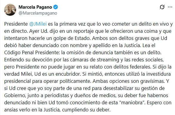 El descargo de Pagano en X
