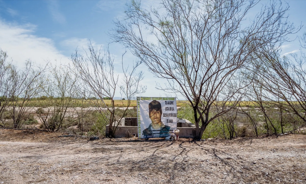 Una pancarta con la imagen del hijo de Flores, Alejandro, en un lugar de búsqueda en Juan José Ríos, Sinaloa.