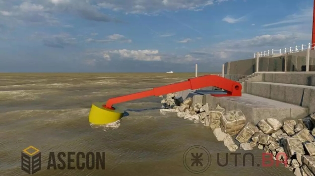 Fotomontaje del equipo montado sobre la escollera norte del puerto de Mar del Plata. Proyecto de Energía Undimotriz UTN