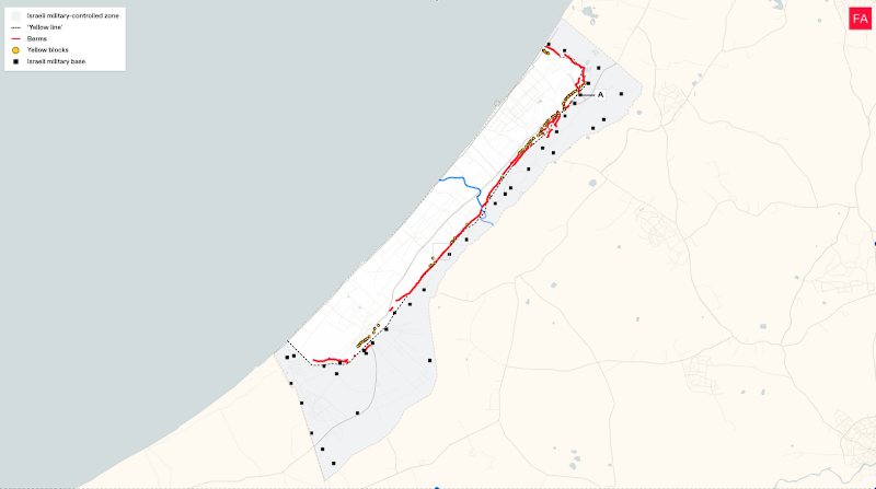 Israel ha construido 25 kilómetros de muros de contención de tierra que discurren aproximadamente a lo largo de la línea amarilla en Gaza y está fortificando 38 bases militares en la parte oriental del territorio que controla | Imagen de Forensic Architecture
