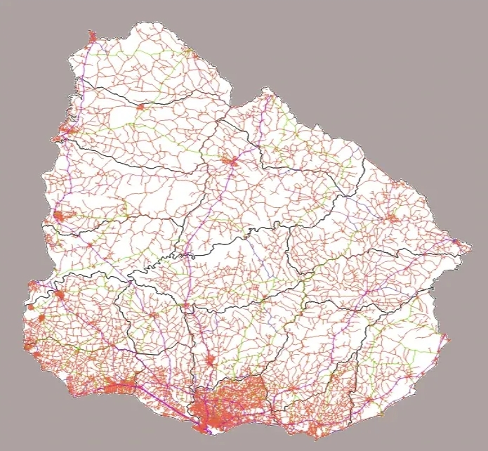 Mapa de red vial del Uruguay. Tomado de la presentación de Hugo Cotiño en el MTOP.