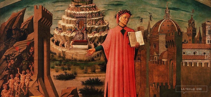 Alegoría de "La Divina Comedia" y Florencia de Domenico di Michelino. Dante sostiene su obra. A un lado está Florencia y al otro, una visión del infierno
