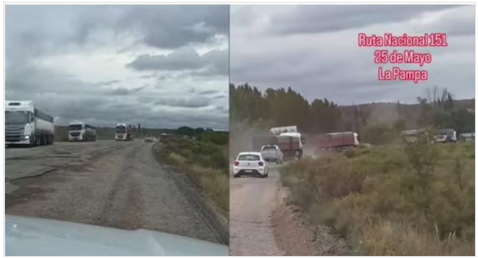 La ruta nacional 151, uno de los corredores utilizados por la logística de Vaca Muerta, presenta sectores con un fuerte deterioro de la calzada y circulación de vehículos por las banquinas.