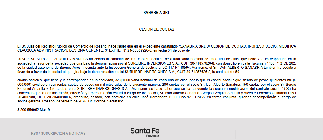 Boletín Oficial donde se formaliza el ingreso de Surlibre Inversiones vinculada a Cerimedo
