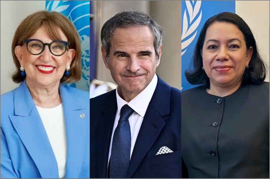 Rebeca Grynspan, Rafael Grossi y Carolyn Rodrigues-Birkett, candidatos que compiten por ser el próximo secretario general de la ONU.