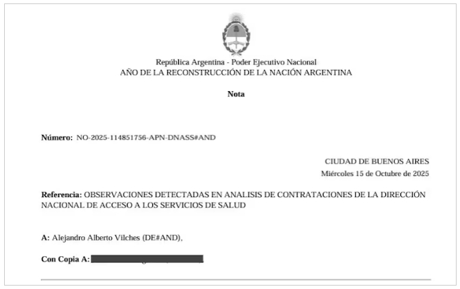 Primera página de uno de los informes que Vilches remitió a la Justicia sobre las compras en la Andis