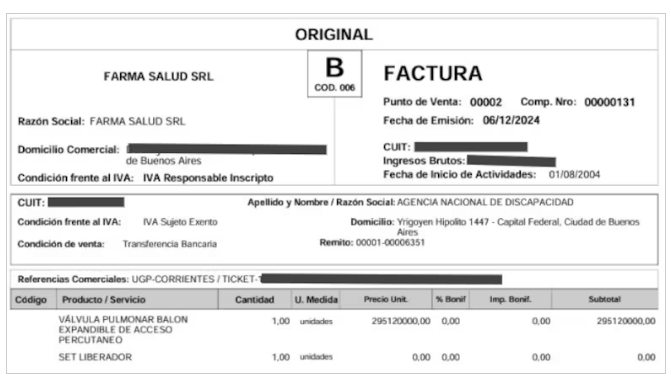 Una factura de Farma Salud a Andis, con un precio superior al que el PAMI compró el mismo insumo, según uno de los informes que Vilches remitió a la Justicia