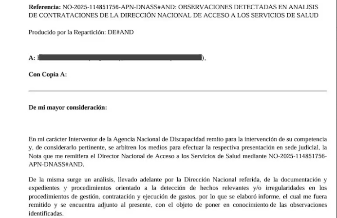 Uno de los informes que Vilches elevó a los responsables de Asuntos Contenciosos de Andis