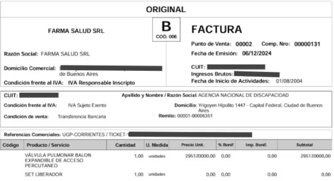 Una factura de Farma Salud a Andis, con un precio superior al que el PAMI compró el mismo insumo, según uno de los informes que Vilches remitió a la Justicia