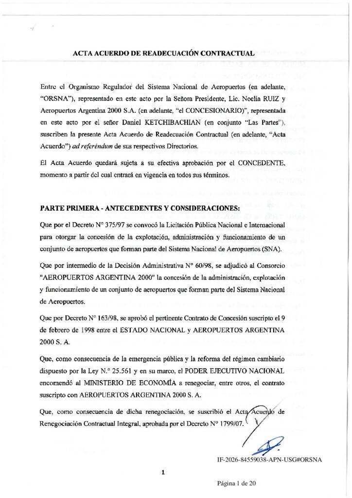 El anexo de la DA 27/26 detalla la extensión de la concesión de los aeropuertos a AA2000.