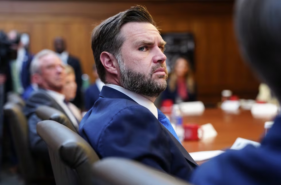 US Vice President JD Vance looks on during a Cabinet meeting at Camp David in Maryland, on July 31, 2026. (Photo by Aaron Schwartz / AFP) AFP. AFP