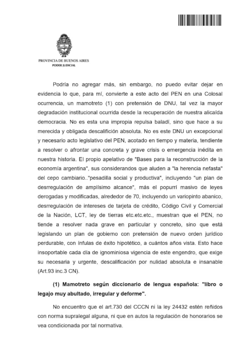 Fragmento del fallo de Tribuna del Trabajo 4 de La Plata que declaro nulo el DNU 70/2023 Gentileza -