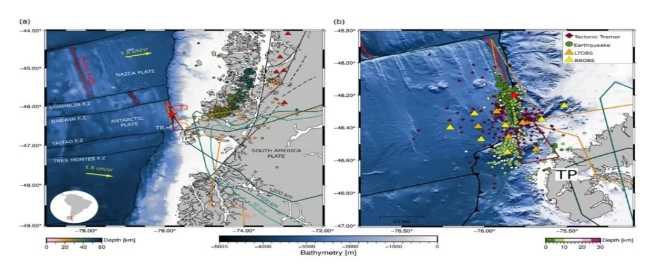 Los tremores tectónicos detectados bajo la Patagonia austral se concentran entre 30 y 40 kilómetros de profundidad. El estudio identificó episodios de actividad que se desplazan a velocidades de entre 5 y 20 kilómetros por día. Azúa, Ruiz e Ide (2026) / Geophysical Research Letters.