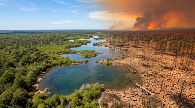 Una composición visual contrapone un bosque húmedo con vegetación densa frente a un terreno árido agrietado con un incendio forestal en el horizonte. (Imagen Ilustrativa Infobae)