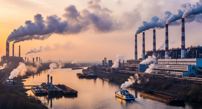 Una central industrial emite grandes columnas de humo sobre un río al atardecer, mostrando el impacto de las emisiones de gases de efecto invernadero en el medio ambiente. (Imagen Ilustrativa Infobae)