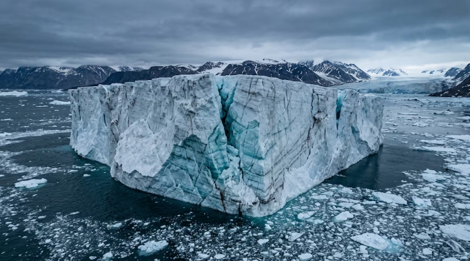 Un iceberg tabular que presenta una grieta central flota entre fragmentos de hielo frente a las montañas del glaciar Petermann en Groenlandia (Imagen Ilustrativa Infobae)