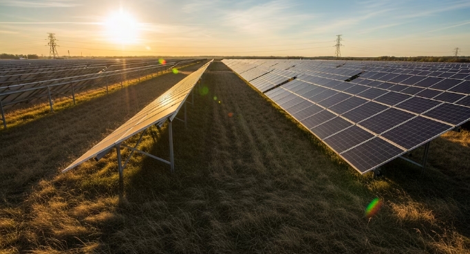 Vista panorámica de un parque solar al atardecer, donde una gran cantidad de paneles fotovoltaicos captan la luz solar para producir electricidad renovable. La imagen resalta la importancia de la energía solar como alternativa sostenible y la expansión de tecnologías limpias en la matriz energética global. (Imagen Ilustrativa Infobae)